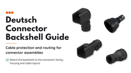 Deutsch straight and right-angle DT backshells with HD10 and HDP backshell examples for connector cable routing and protection.
