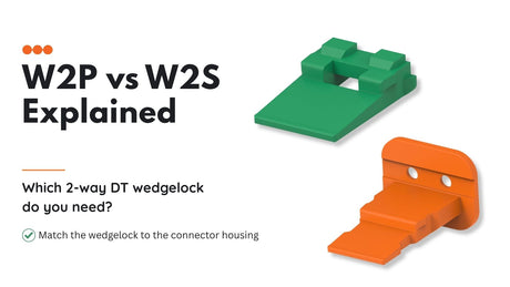W2P vs W2S explained showing W2P and W2S Deutsch DT wedgelocks for matching DT04-2P and DT06-2S 2-way connector housings.